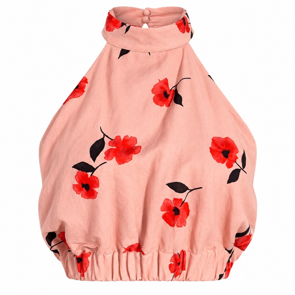 Zara Floral Halter Top Womens Small Peach Red Poppy Open Back Linen Blend Summer
